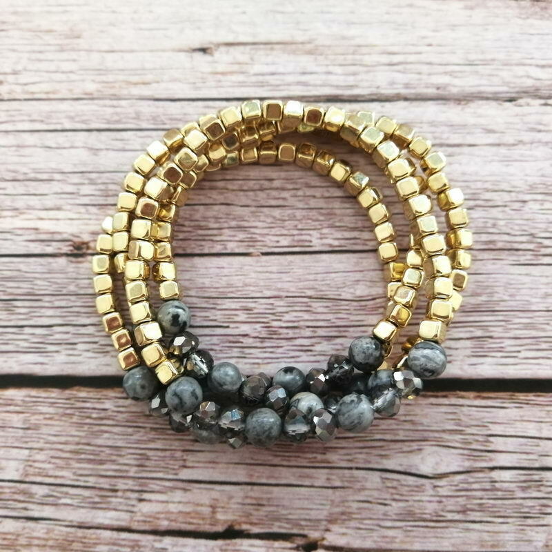 Grey Gold Stretchy Bracelet Set