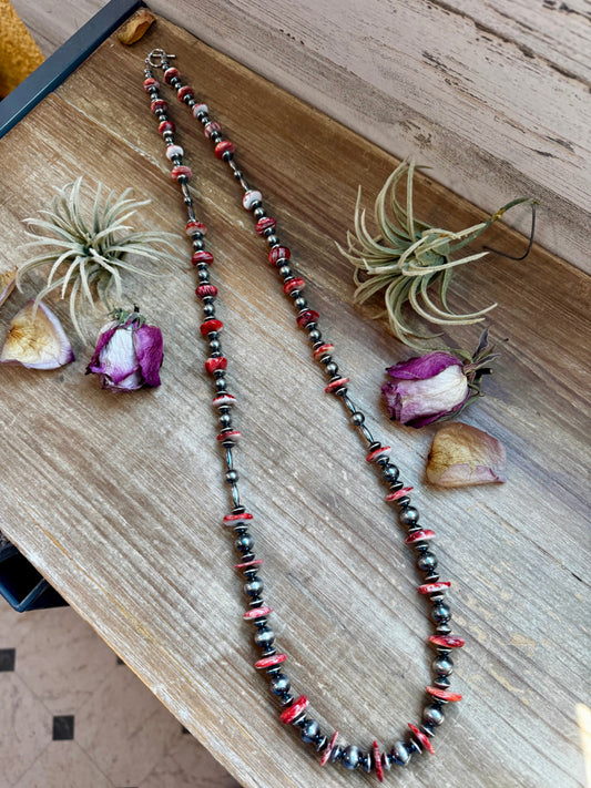 NFR Collection Necklace – Sterling Silver Torpedo Pearls with Red Spiny Oyster – Handmade by The Bijoux FAB – 39"