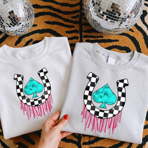 Checkered horseshoe + turquoise spade sublimation T-shirt