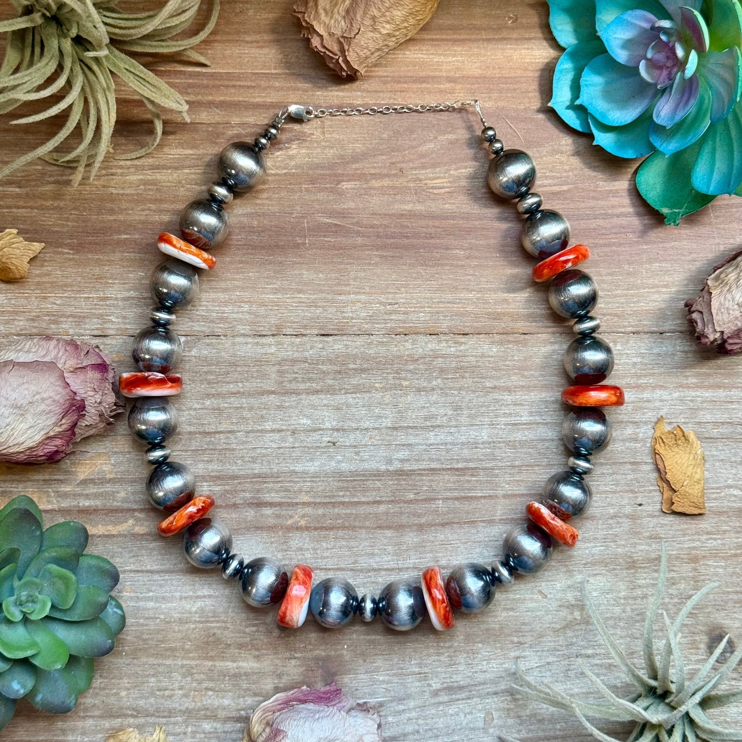 Orange Spiny Oyster & Sterling Silver Pearl Necklace