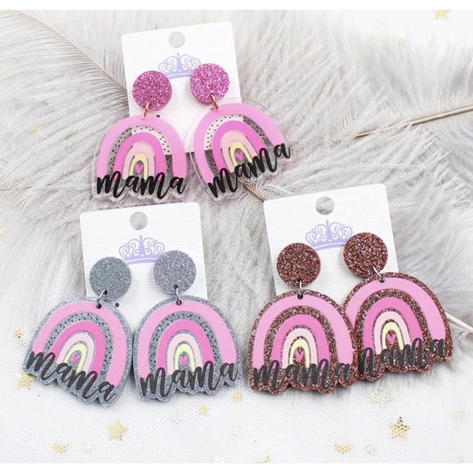 MAMA Glitter Acrylic Rainbow Stud Hang Earrings