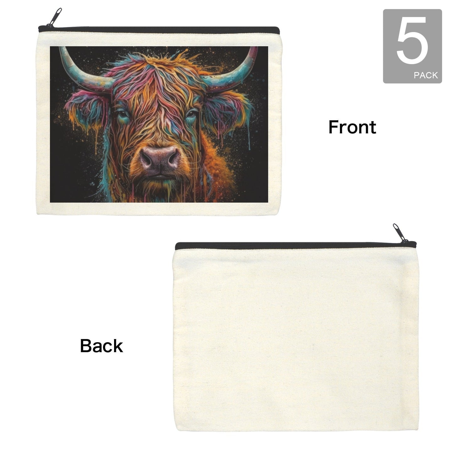 Painted Highland Cow Cosmetic Bag Pack of 5 Made in America