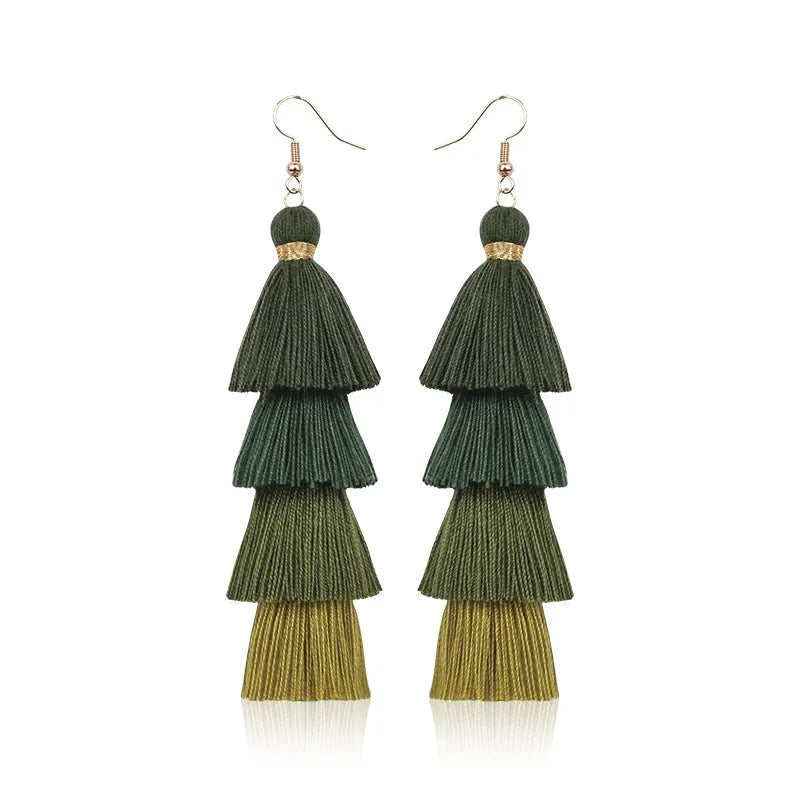 4 Layer Green Tassel Earrings