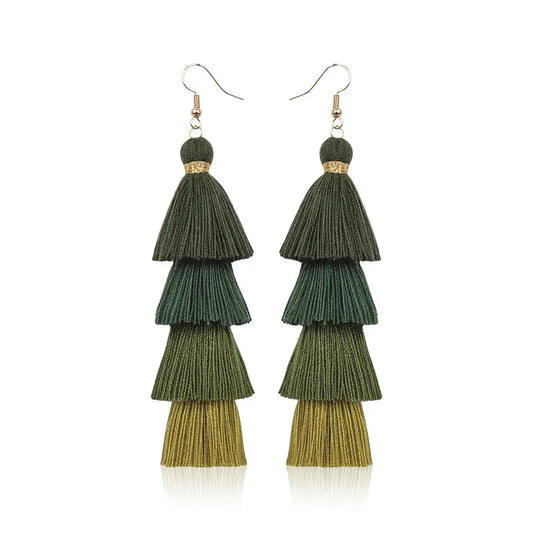 4 Layer Green Tassel Earrings