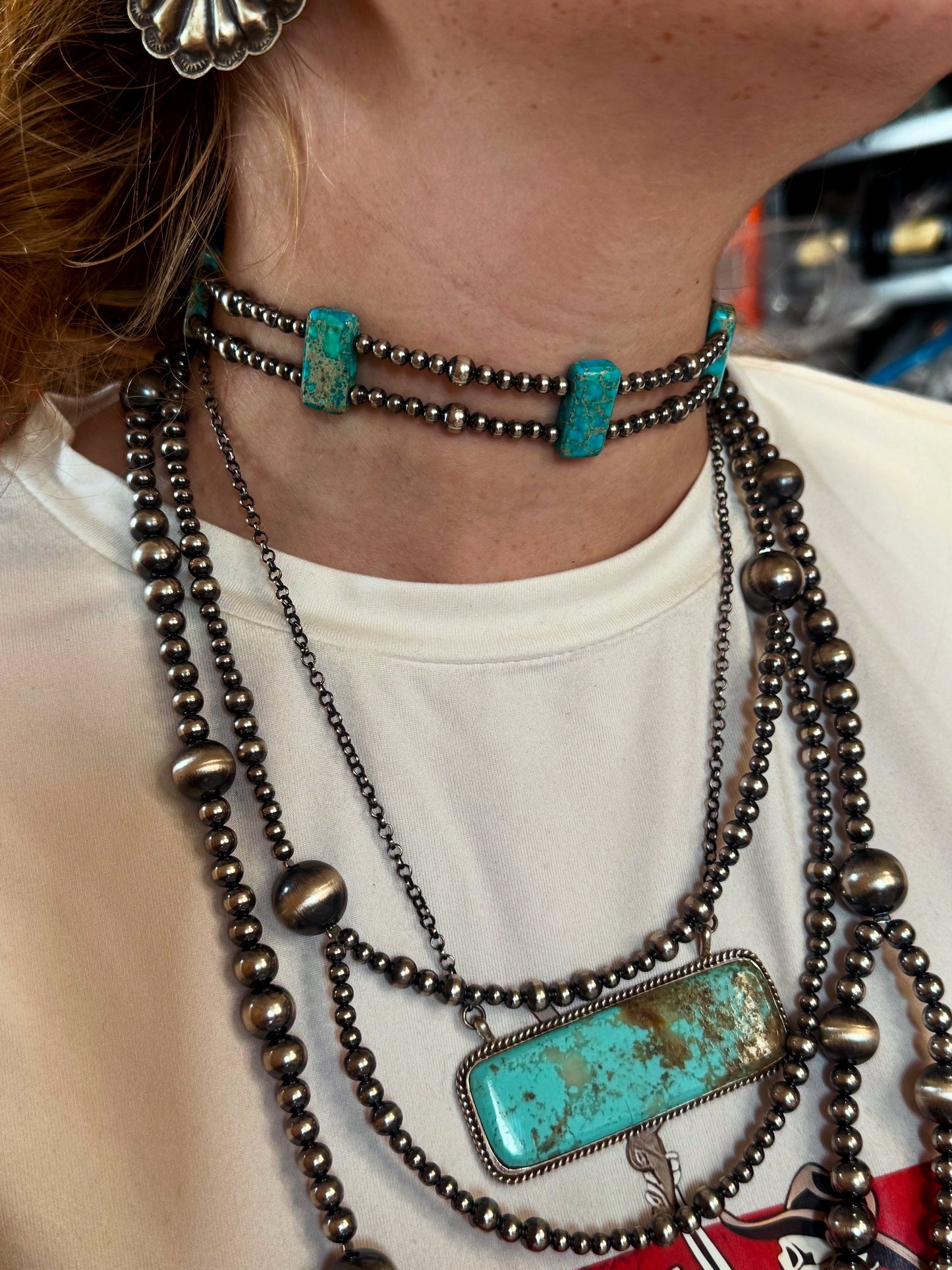 Purple Double Strand Necklace – 13” Beaded – Sterling Silver Pearls & Rectangle Variscite Turquoise