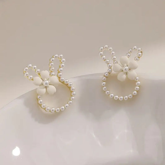 White Pearl Easter Bunny Stud Earrings