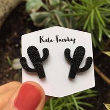 Black Cactus Sparkly Acrylic Earrings