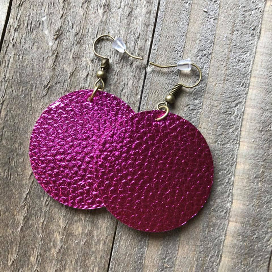 Metallic Pink Leather Round Earrings