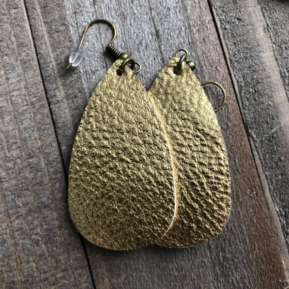 Gold Leather Oval Teardrop Earrings