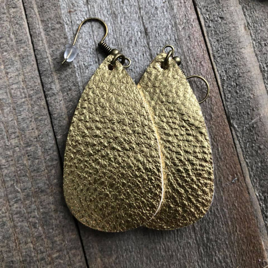 Gold Leather Oval Teardrop Earrings