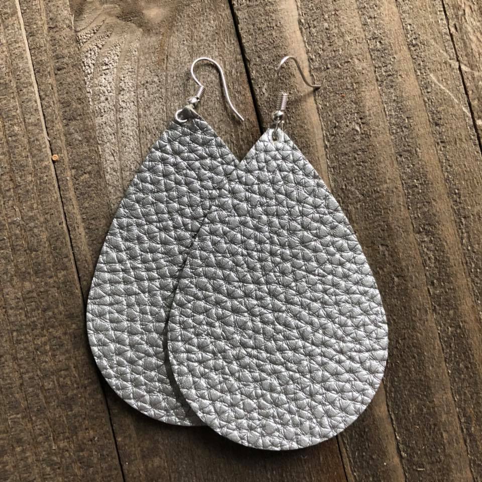 Silver Leather Teardrop Earrings