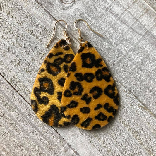 Cheetah Gold Hairy Teardrop Leather Earrings