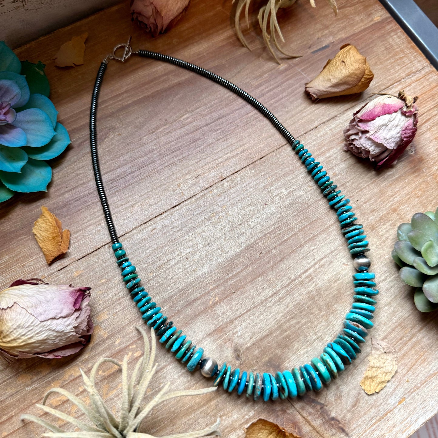 Dark Blue Turquoise Graduated Necklace with Hematite & Sterling Silver Accents – 23”