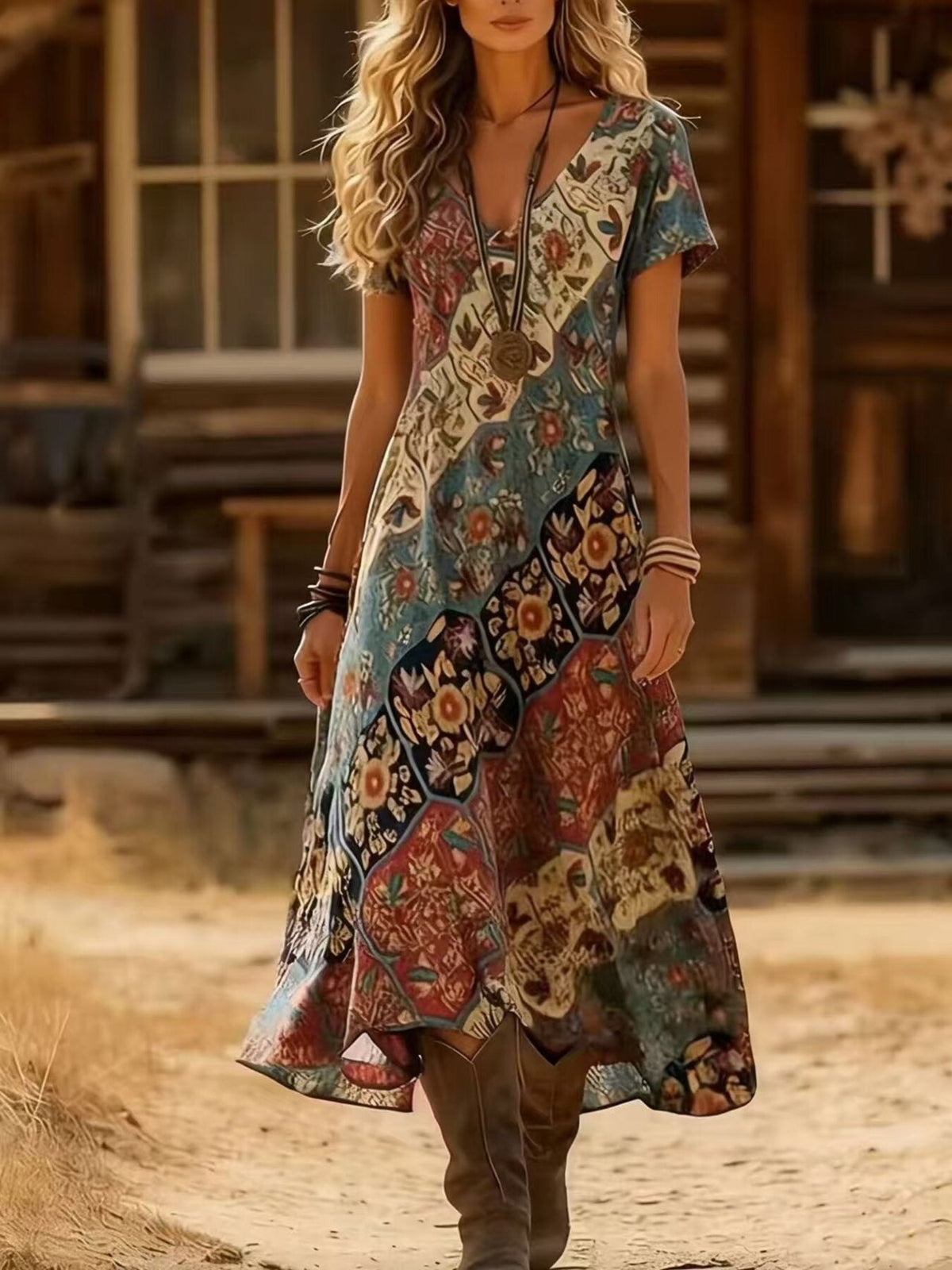 Printed V-Neck Short Sleeve Midi Dress (XXL)