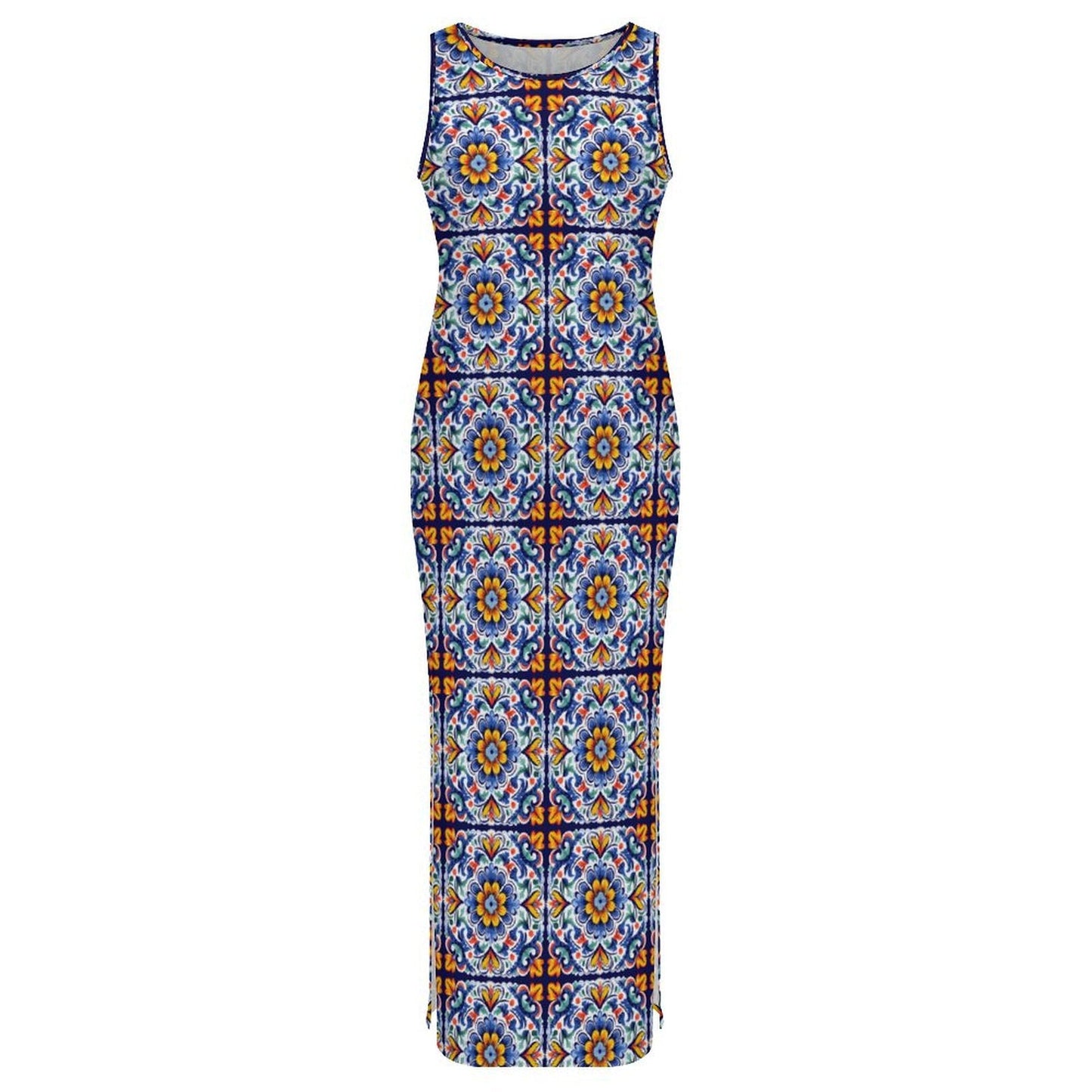 Baha Ranch Colores de Mexico Talavera Sleeveless Bodycon Side Slit Long Dress