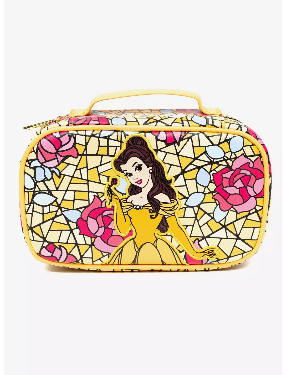 Disney Vegan Leather Travel Cosmetic Bag, Make-Up Bag for Women, Beauty and the Beast Belle Rose Pose Applique Stained Glass Print, Vegan Leather