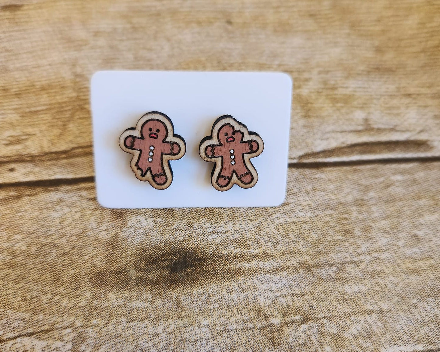Bitten Gingerbread Man Wood Stud Earrings