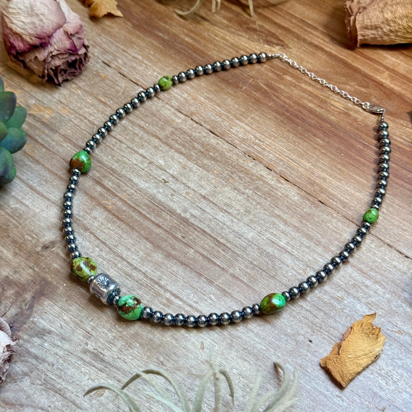 Rare Sonoran Gold Turquoise & Sterling Silver Barrel Bead Necklace