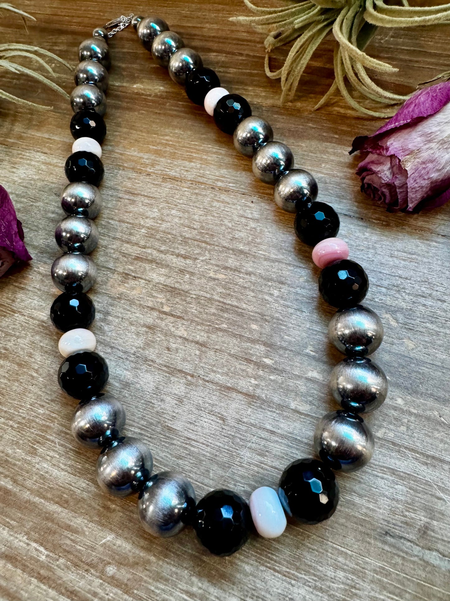 NFR Collection Necklace – 8mm & 16mm Sterling Silver Pearls with Faceted Black Onyx & Pink Conch – Handmade by The Bijoux FAB – 21"
