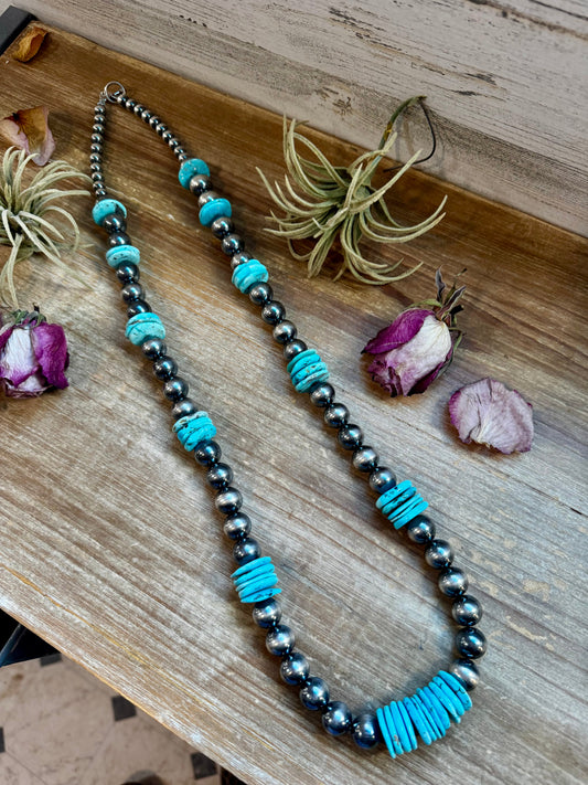 NFR Collection Necklace – 35 inch long 8mm & 14mm Sterling Silver Pearls with 20mm Turquoise Rondelle