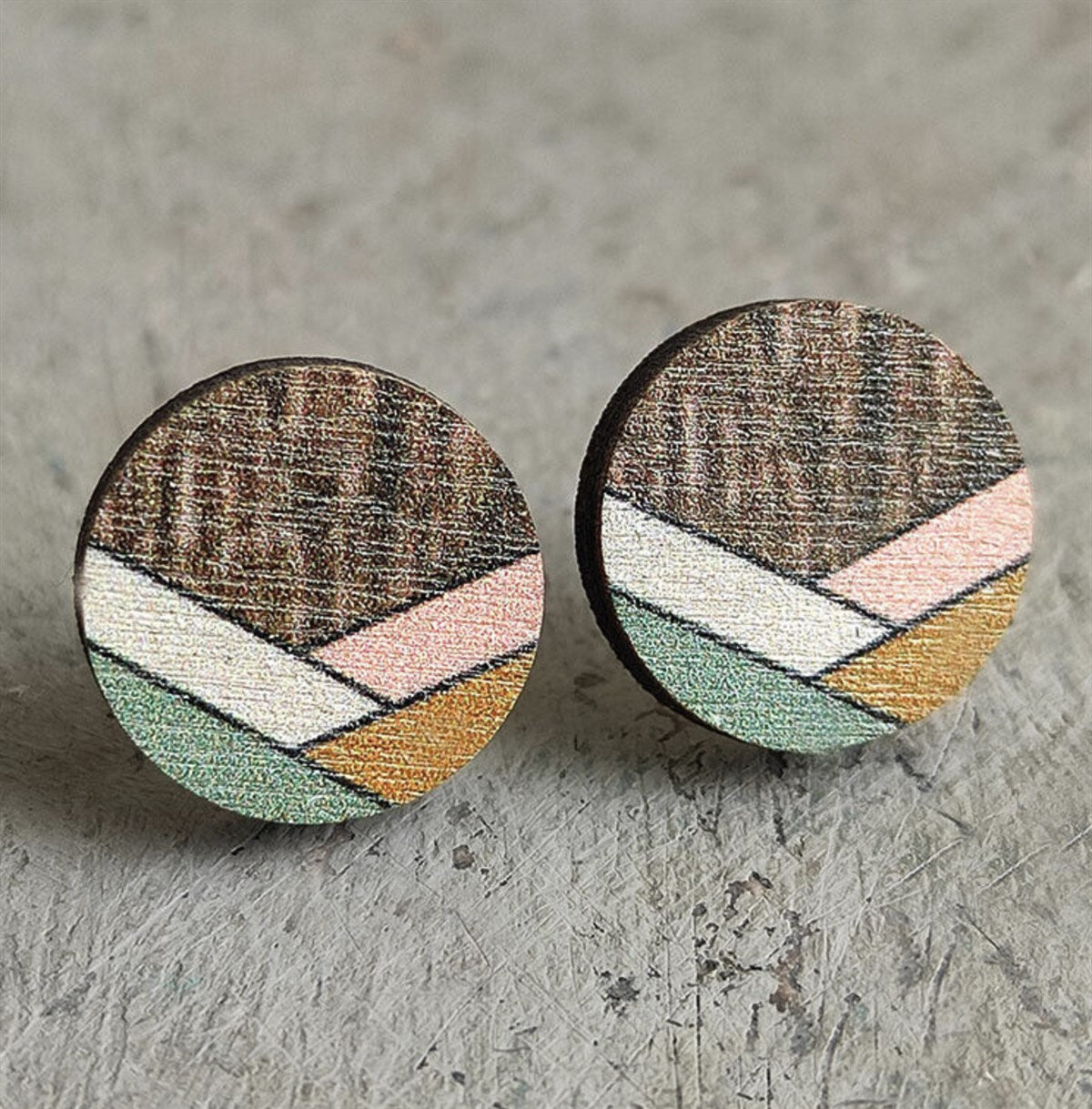 Handmade Wood Painted Geometric Stud Earrings