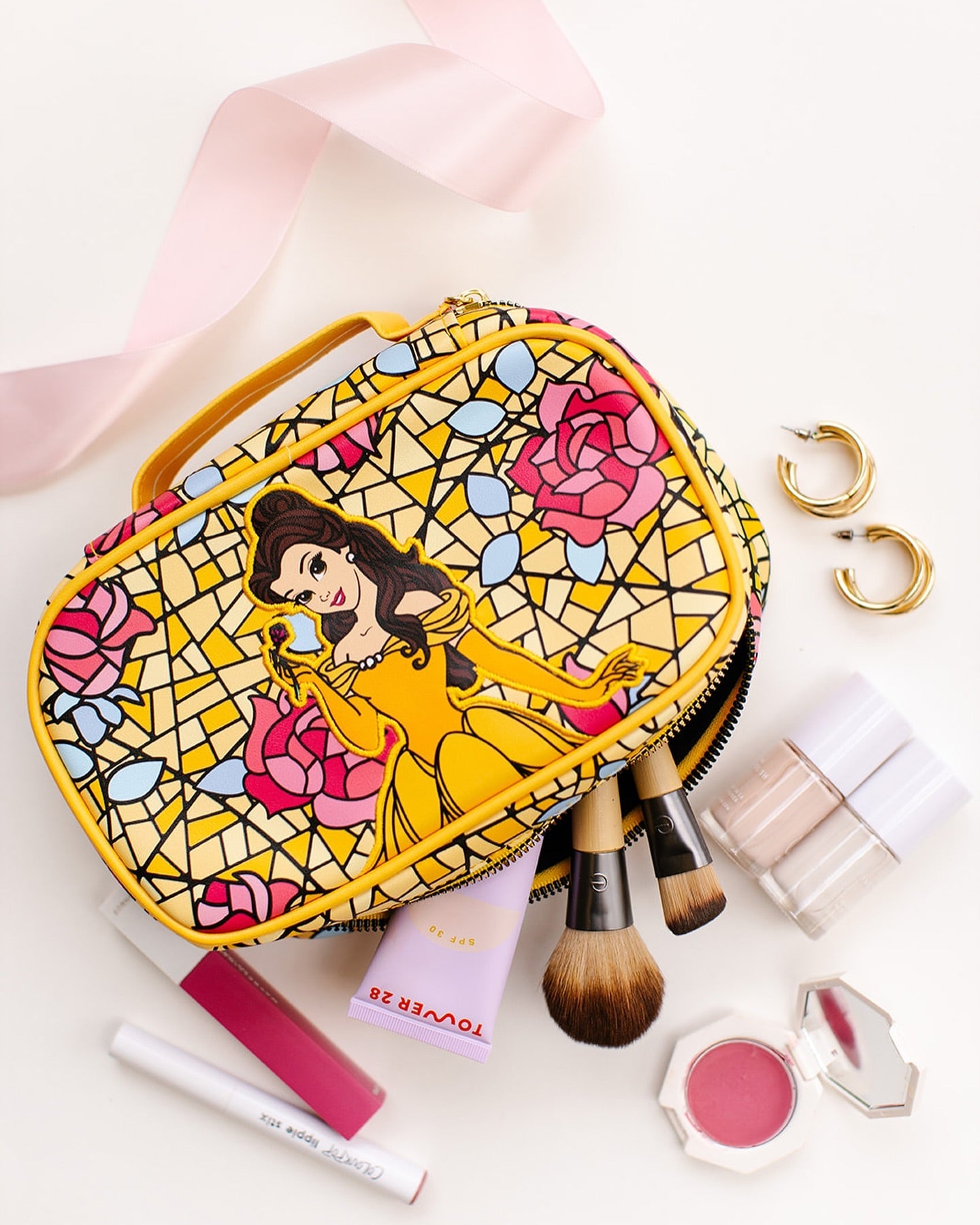 Disney Vegan Leather Travel Cosmetic Bag, Make-Up Bag for Women, Beauty and the Beast Belle Rose Pose Applique Stained Glass Print, Vegan Leather