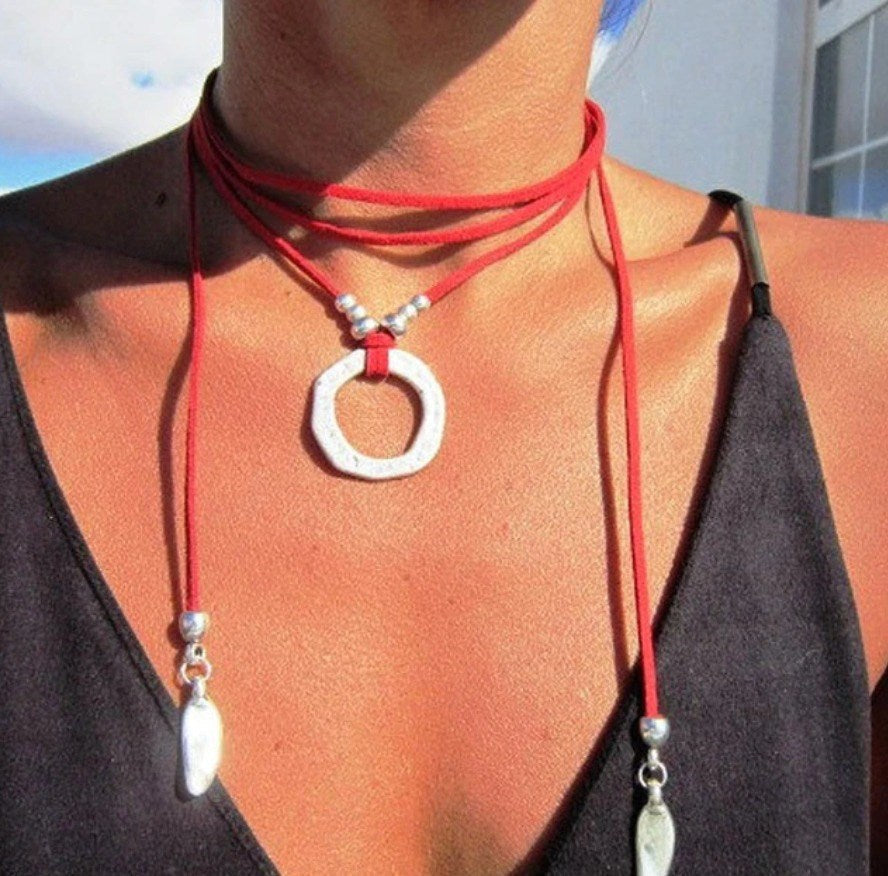 Summer Brown Leather Silver Choker Necklace Wrap