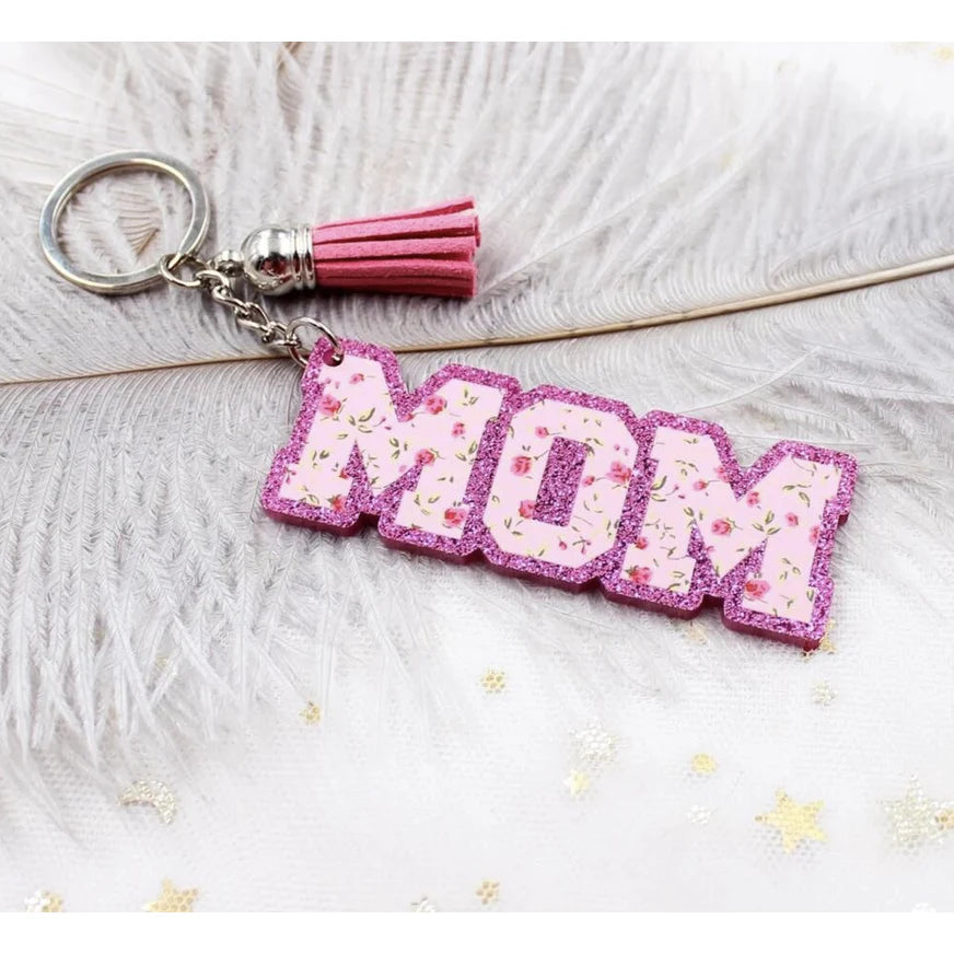 MOM Keychain Glitter Floral Acrylic
