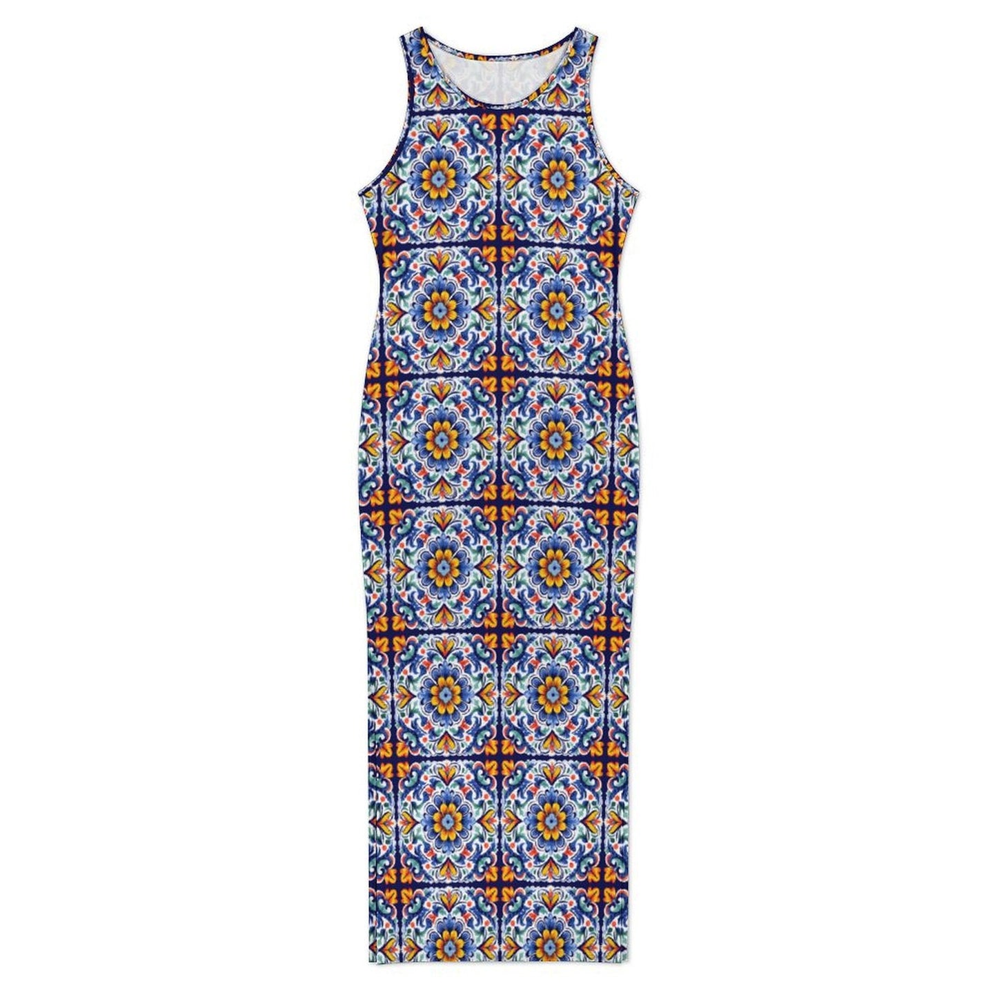 Baha Ranch Colores de Mexico Talavera Sleeveless Bodycon Side Slit Long Dress