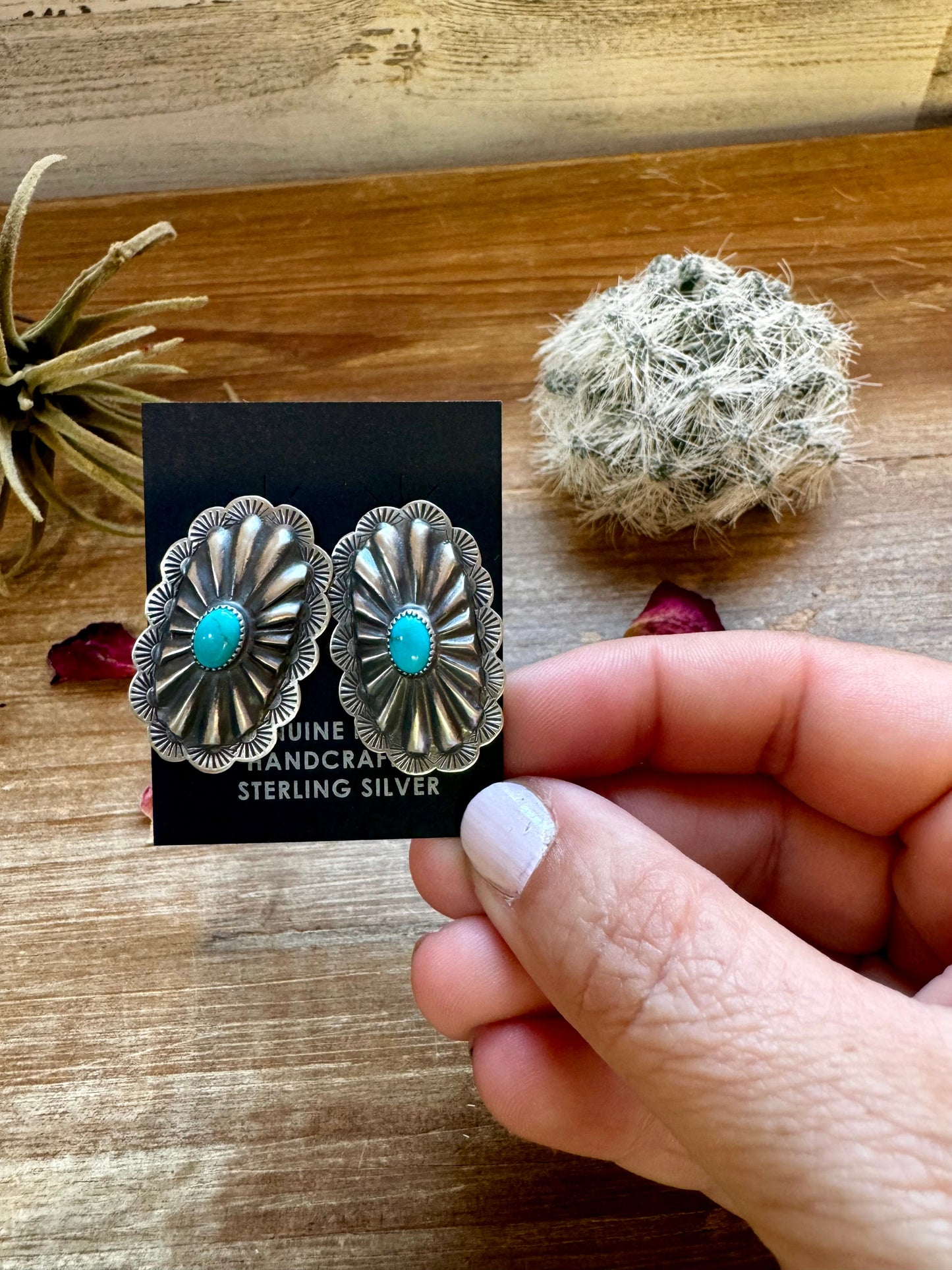 Long Sterling silver stud earrings with kingman turquoise