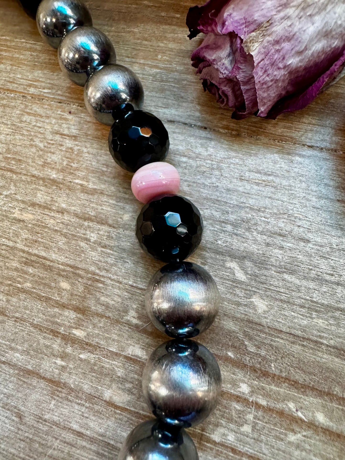NFR Collection Necklace – 8mm & 16mm Sterling Silver Pearls with Faceted Black Onyx & Pink Conch – Handmade by The Bijoux FAB – 21"