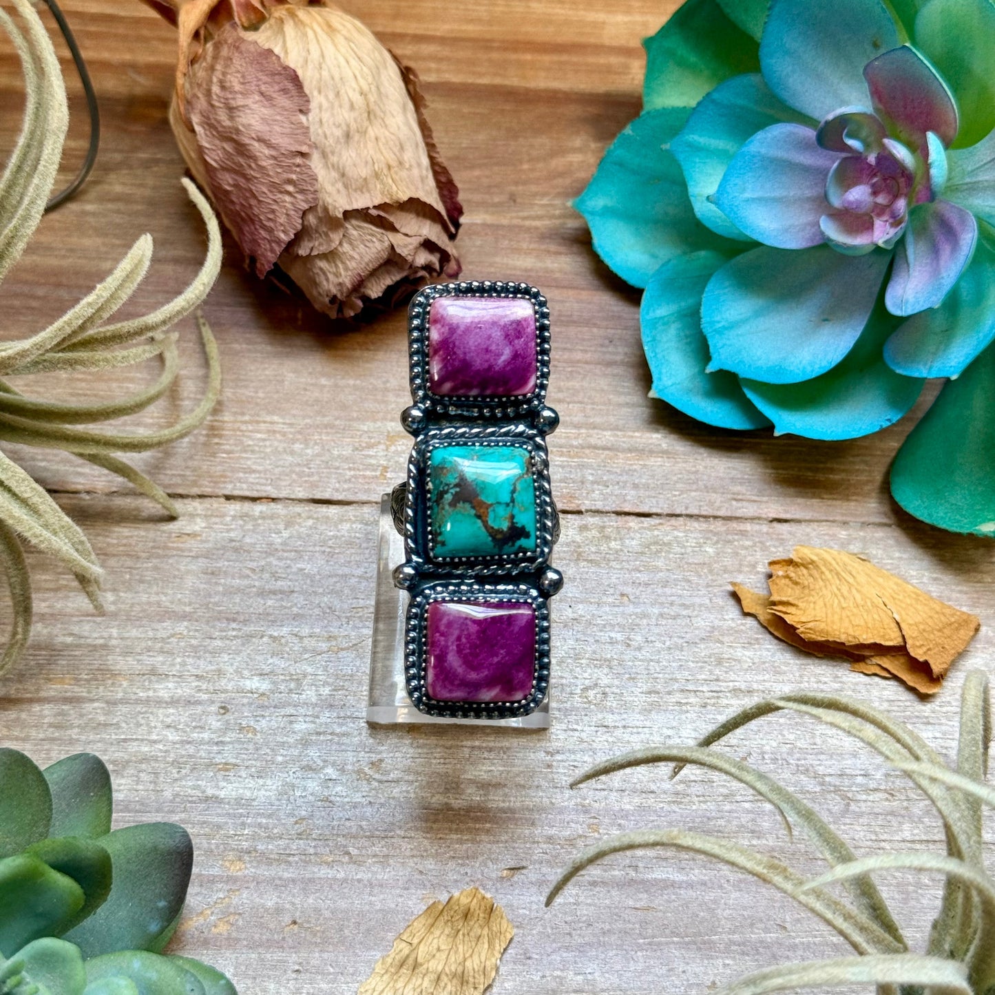 MJ Ring Three-Stone Turquoise & Purple Spiny Oyster Sterling Silver