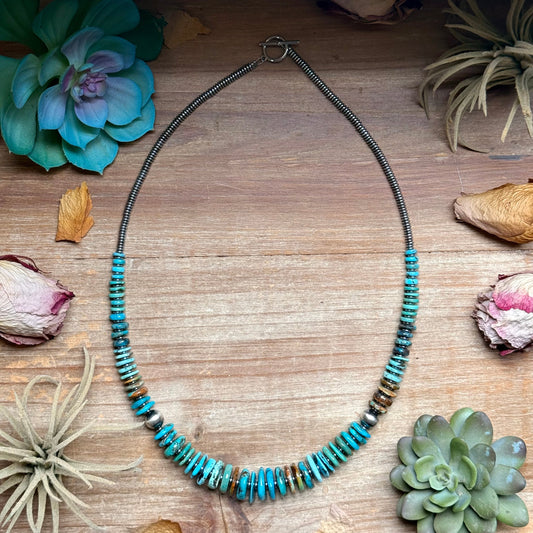 Tri-Color Turquoise Graduated Necklace with Hematite & Sterling Silver Accents – 23”