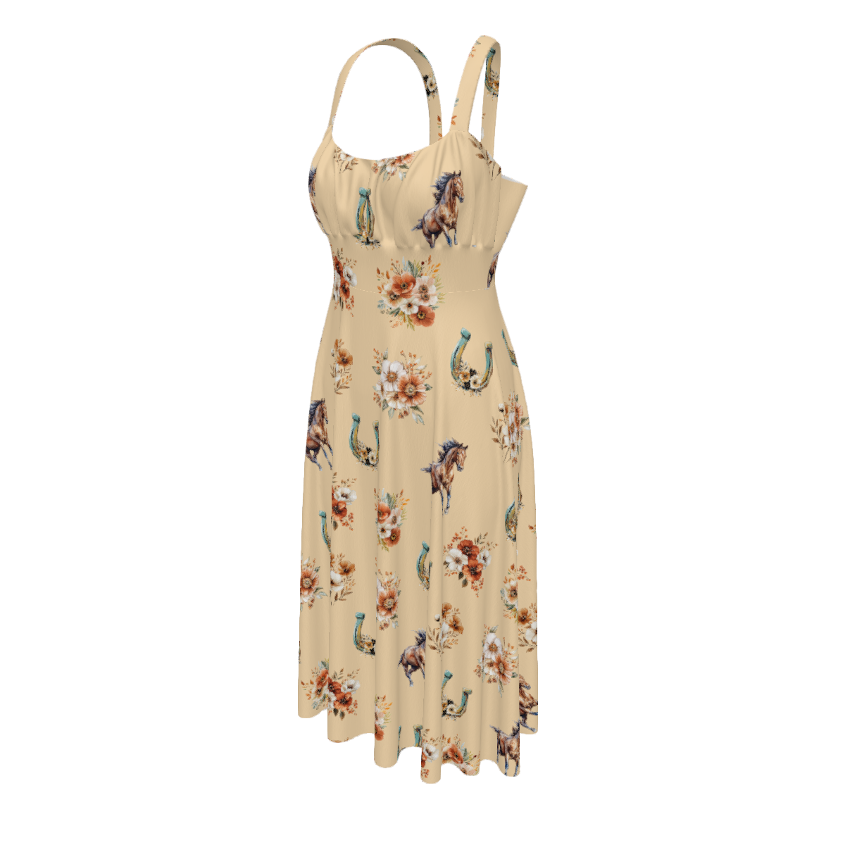 Baha Ranch Floral Horse Western Country Girl High Waist Sun Dress