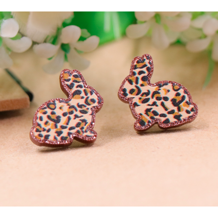 Leopard Cheetah Easter Bunny Rabbit Earrings Glitter Studs