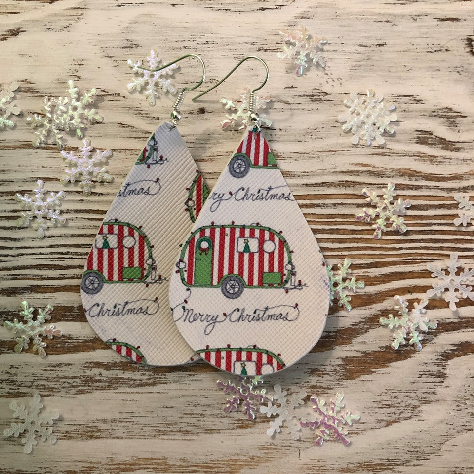 Holiday White Festive Camper Leather Earrings