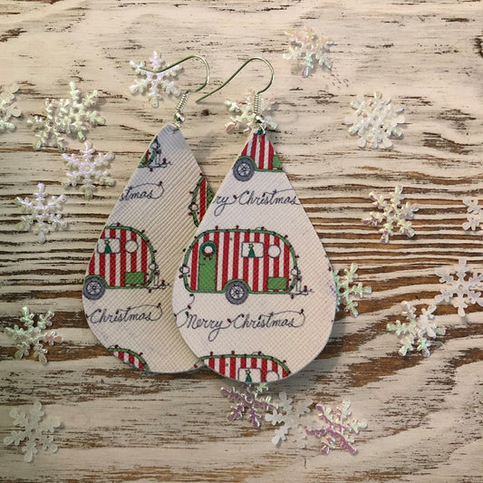 Holiday White Festive Camper Leather Earrings
