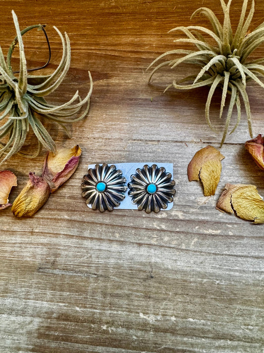 Large Sterling Silver Concho Earrings with Kingman Turquoise – Made in the USA