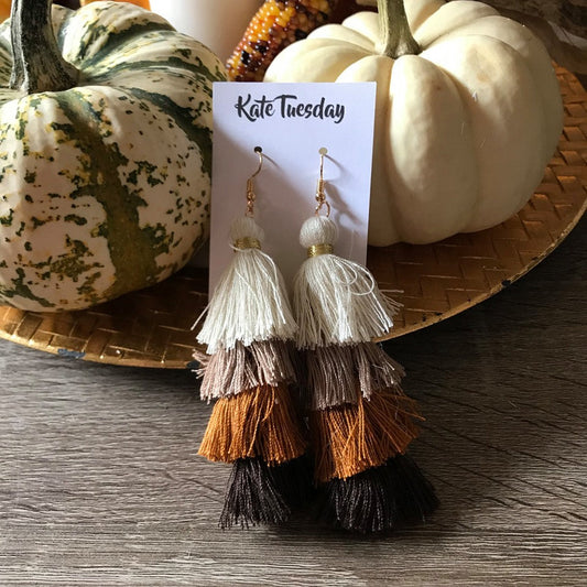Four Tier Orange Brown Layered Tassel Earrings