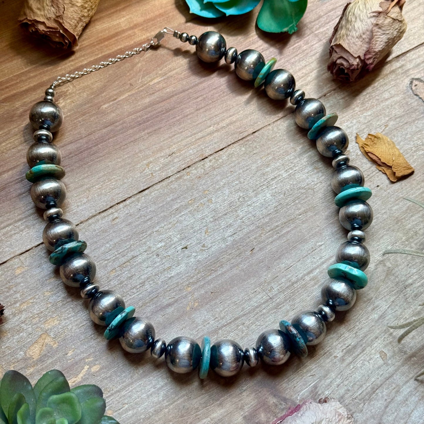 Blue Turquoise & 16mm Sterling Silver Pearl Necklace