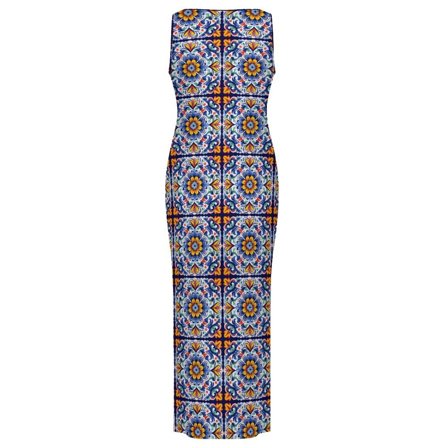 Baha Ranch Colores de Mexico Talavera Sleeveless Bodycon Side Slit Long Dress