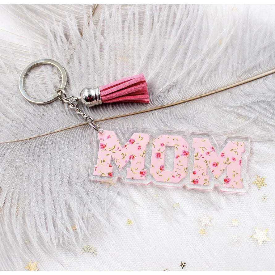 MOM Keychain Glitter Floral Acrylic