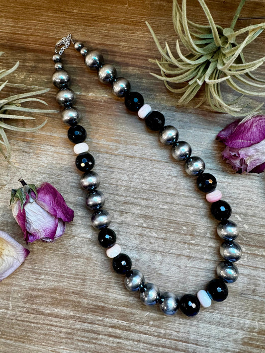 NFR Collection Necklace – 8mm & 16mm Sterling Silver Pearls with Faceted Black Onyx & Pink Conch – Handmade by The Bijoux FAB – 21"