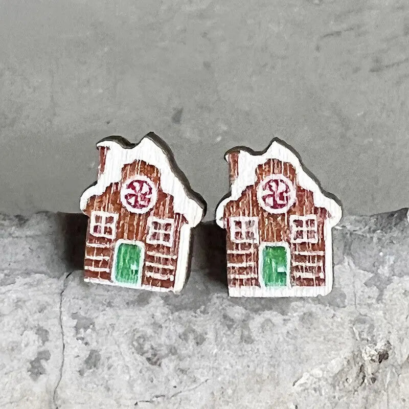 Holiday Wood Stud Festive Earrings