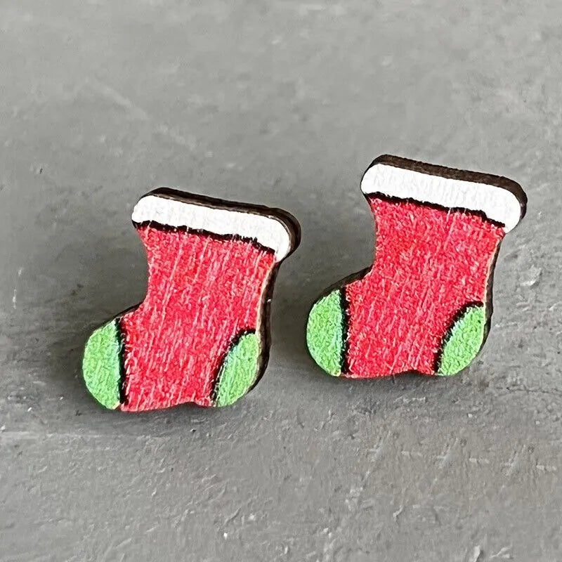 Holiday Wood Stud Festive Earrings