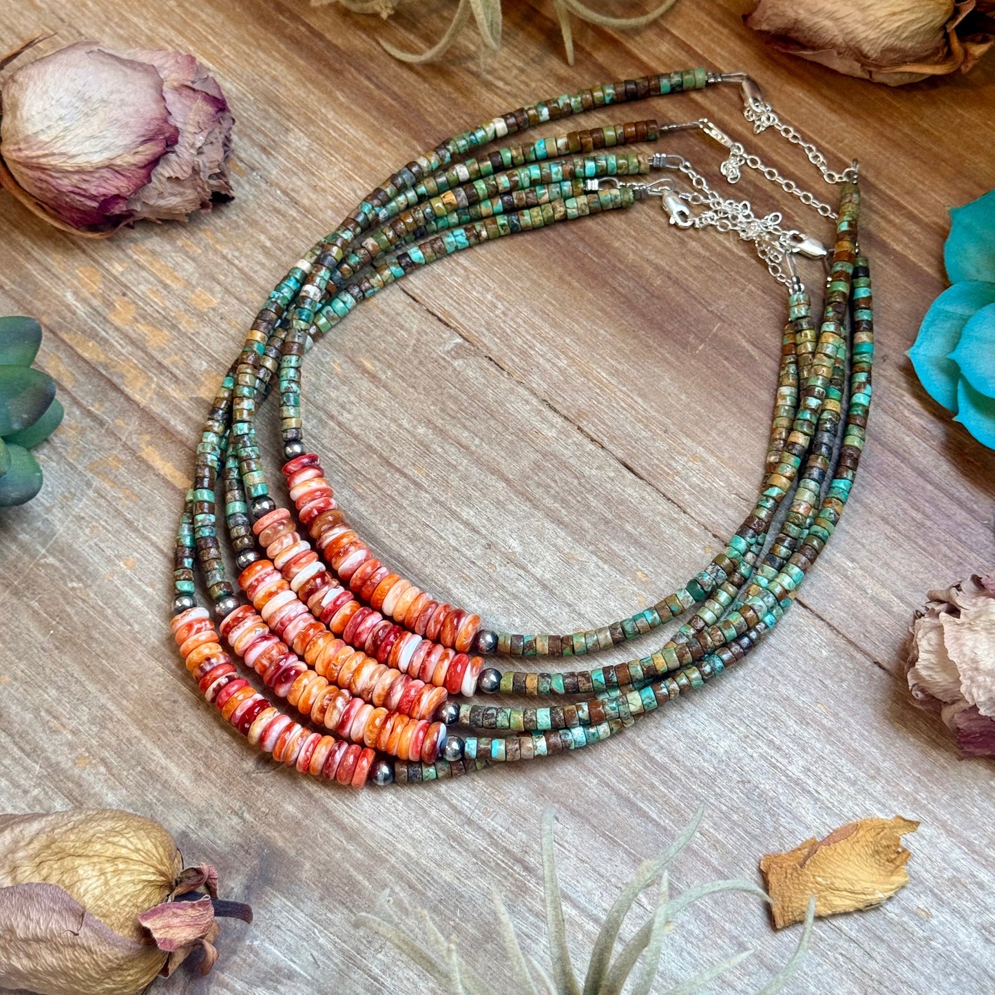 Green Turquoise & Orange Spiny Oyster Fall Necklace