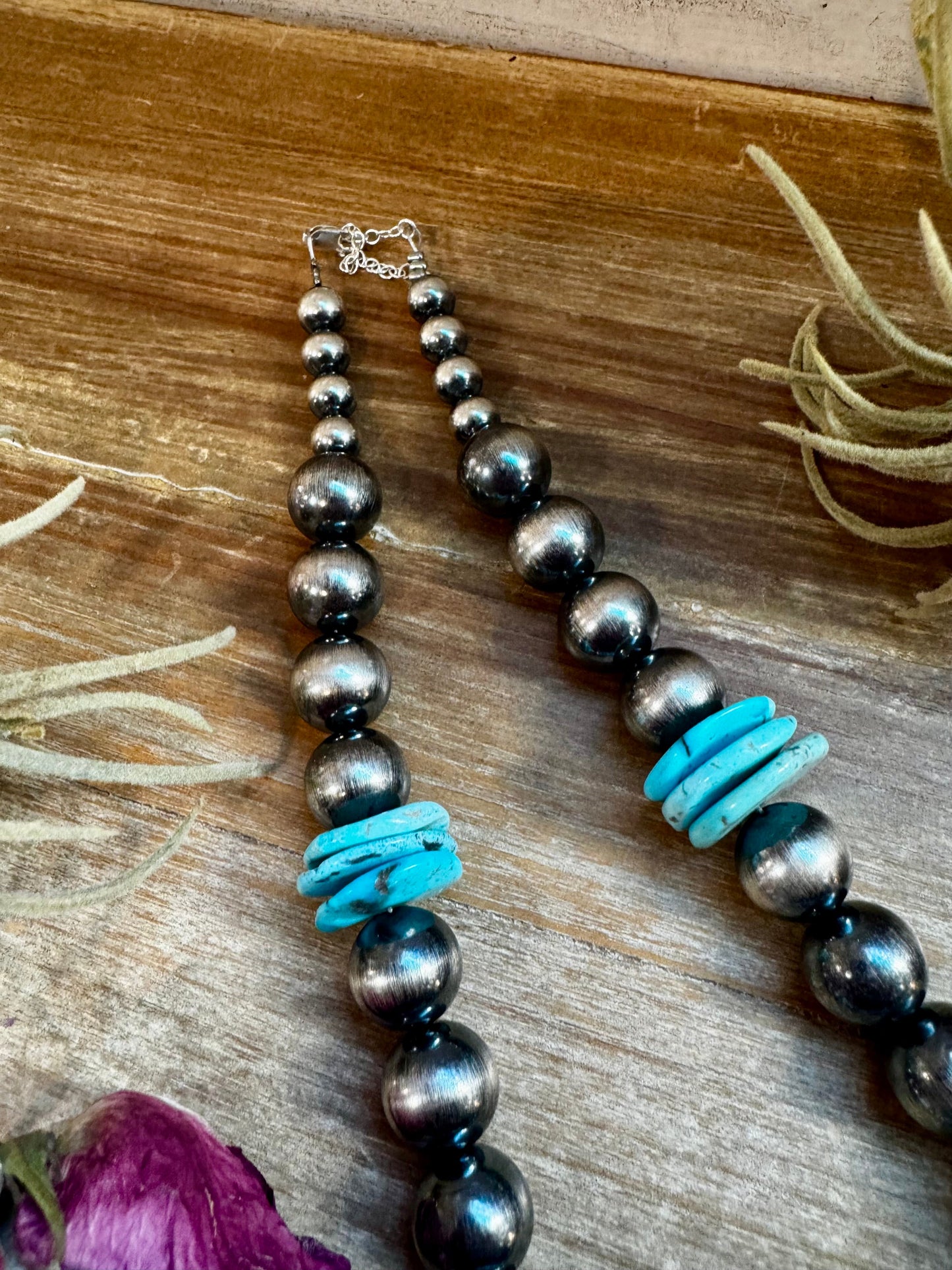 NFR Collection Necklace – 8mm & 14mm Sterling Silver Pearls with 20mm Turquoise Disc – Handmade by The Bijoux FAB – 23.5"