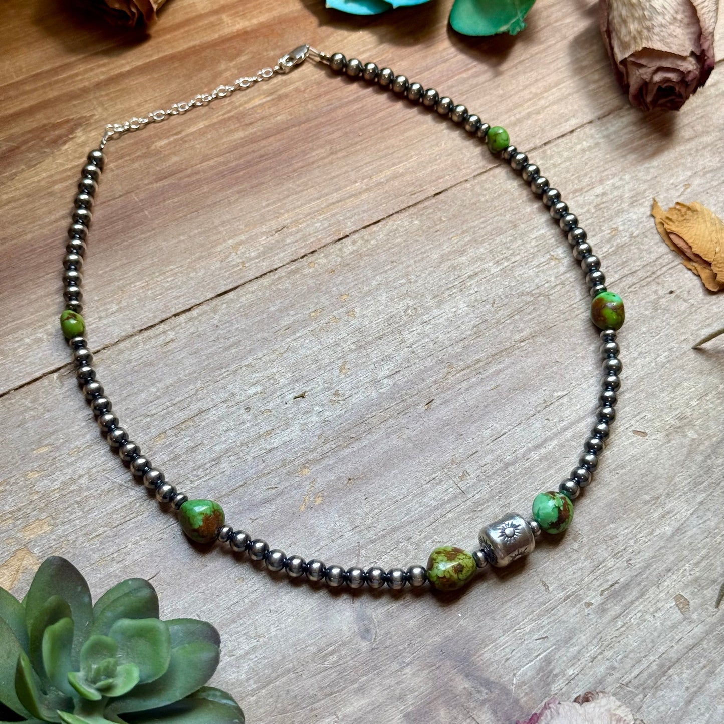 Rare Sonoran Gold Turquoise & Sterling Silver Barrel Bead Necklace