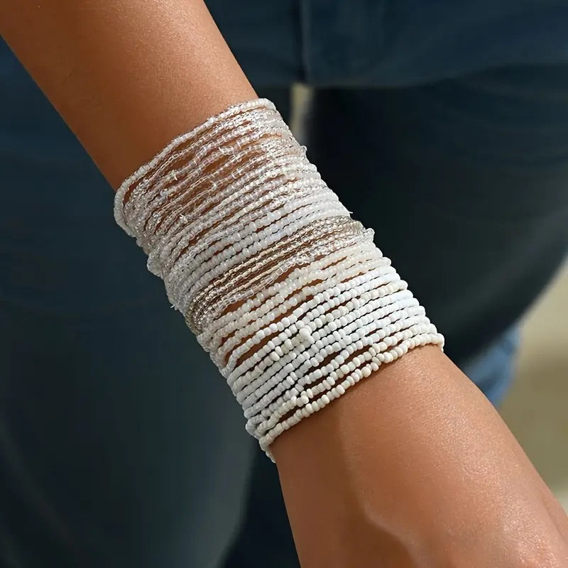 Whites Beaded Glass Bracelets Set