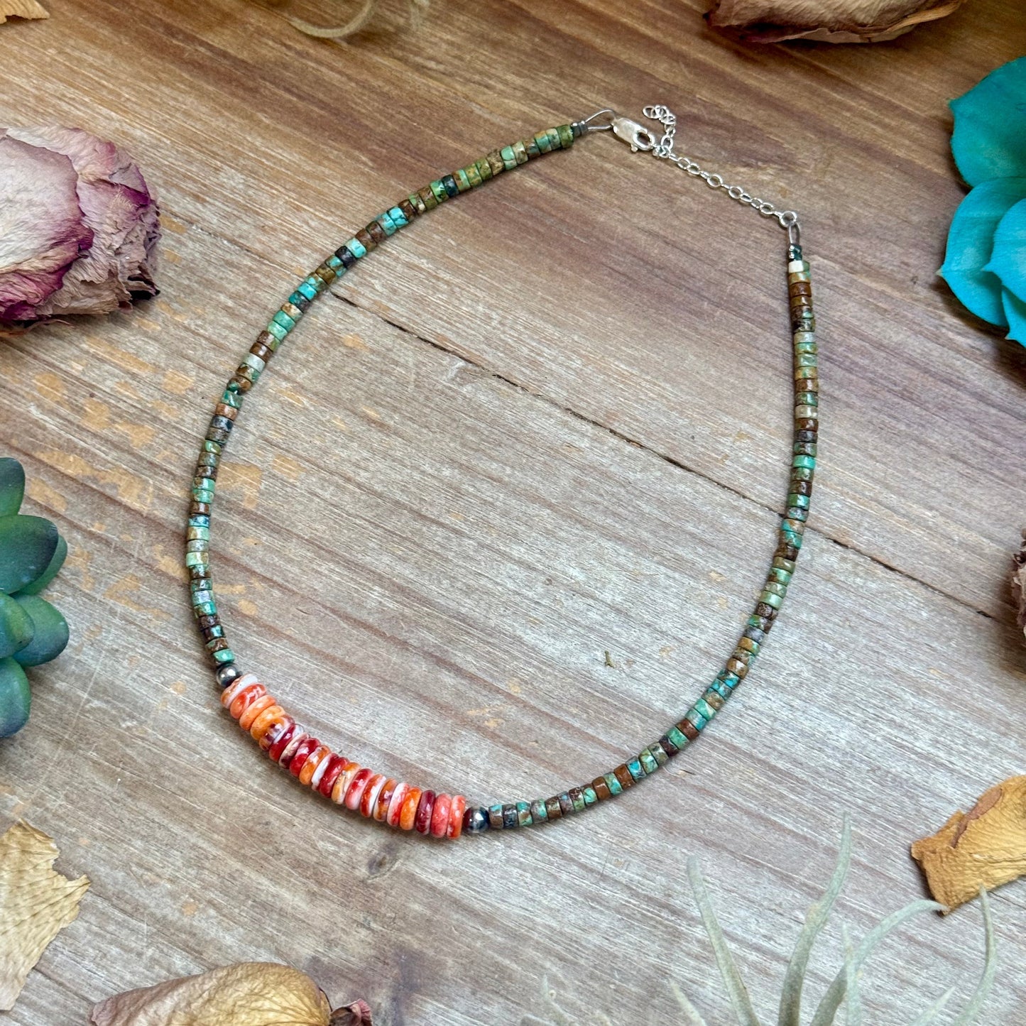 Green Turquoise & Orange Spiny Oyster Fall Necklace